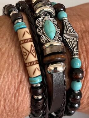 Turquoise and Brown Multi-Strand Beaded Leather Bracelet
